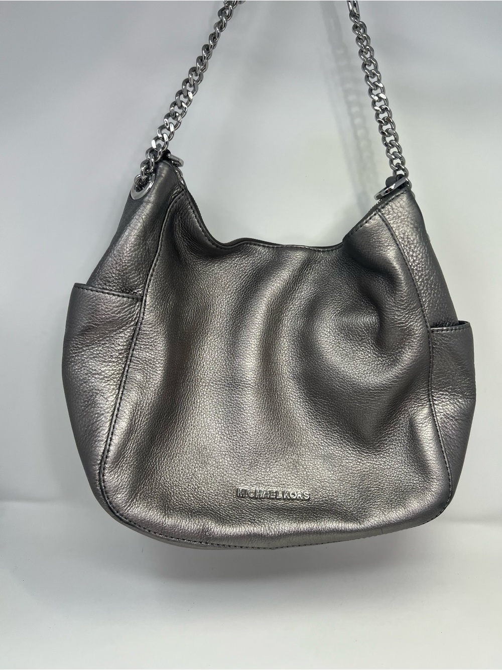 Michael Kors Metallic Pewter Silver Leather Shoulder Hobo Bag Sliver Chain